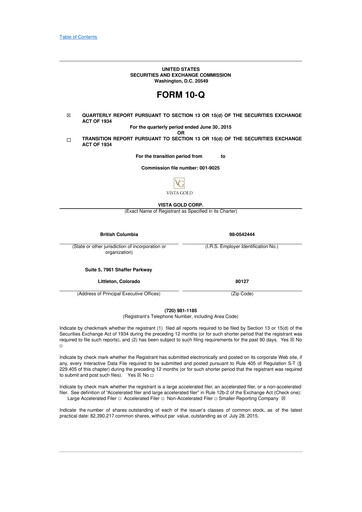 Miniature Vista Gold
 10-Q Rapport trimestriel 2015 