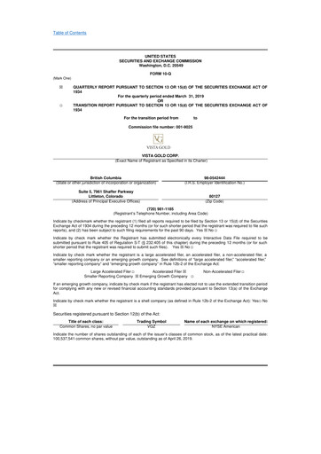 Miniature Vista Gold
 10-Q Rapport trimestriel 2019 
