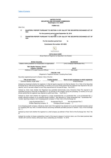 Miniature Vista Gold
 10-Q Rapport trimestriel 2019 