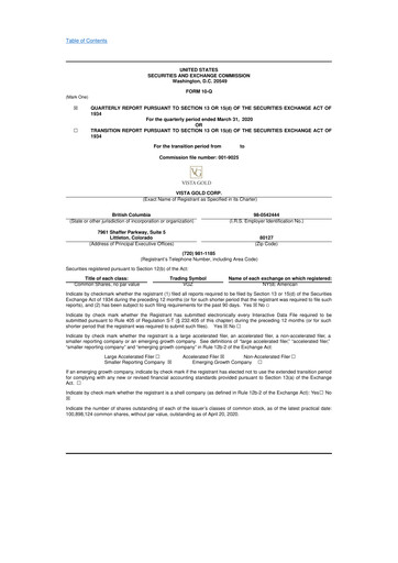 Miniature Vista Gold
 10-Q Rapport trimestriel 2020 