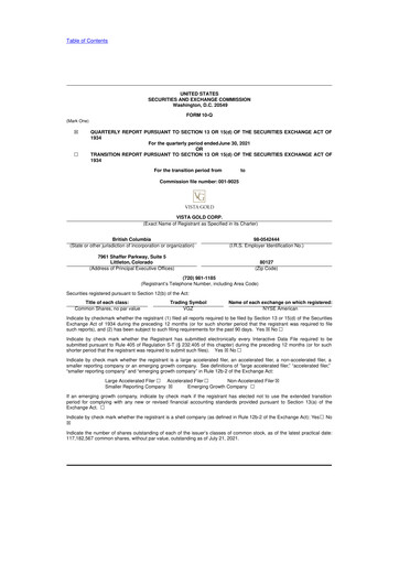 Miniature Vista Gold
 10-Q Rapport trimestriel 2021 