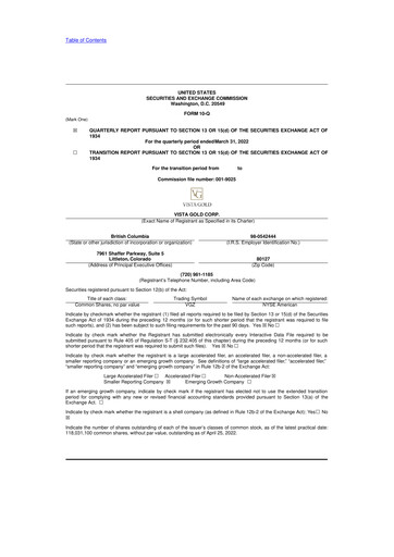 Miniature Vista Gold
 10-Q Rapport trimestriel 2022 