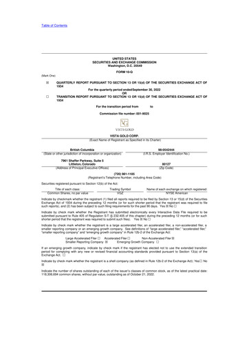 Miniature Vista Gold
 10-Q Rapport trimestriel 2022 