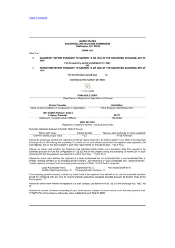 Miniature Vista Gold
 10-Q Rapport trimestriel 2023 