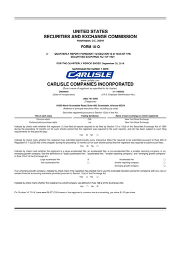 Thumbnail Carlisle Companies
 10-Q Quarterly Report FY2019 