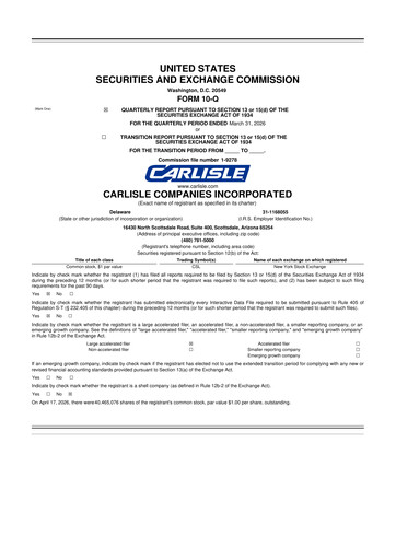 Thumbnail Carlisle Companies
 10-Q Quarterly Report FY 