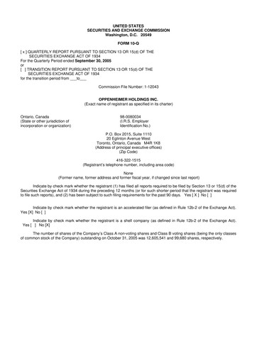 Thumbnail Oppenheimer Holdings
 10-Q Quarterly Report FY 