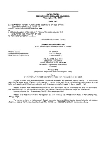 Thumbnail Oppenheimer Holdings
 10-Q Quarterly Report FY 