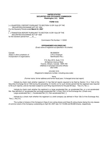 Thumbnail Oppenheimer Holdings
 10-Q Quarterly Report FY 
