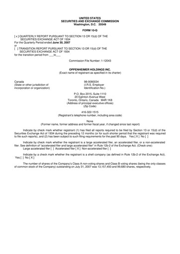 Thumbnail Oppenheimer Holdings
 10-Q Quarterly Report FY 
