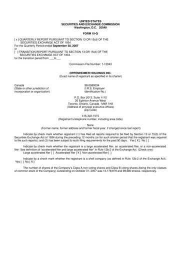 Thumbnail Oppenheimer Holdings
 10-Q Quarterly Report FY 