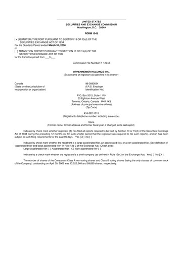 Thumbnail Oppenheimer Holdings
 10-Q Quarterly Report FY 