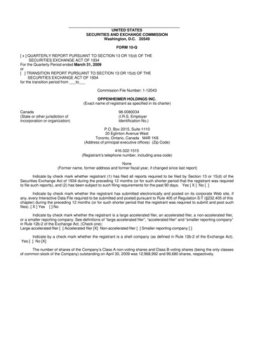 Thumbnail Oppenheimer Holdings
 10-Q Quarterly Report FY 