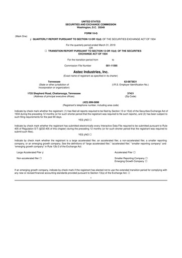 Thumbnail Astec Industries
 10-Q Quarterly Report FY2019 
