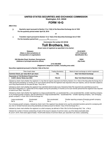 Thumbnail Toll Brothers
 10-Q Quarterly Report FY2019 