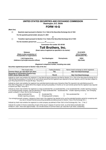 Thumbnail Toll Brothers
 10-Q Quarterly Report FY2021 