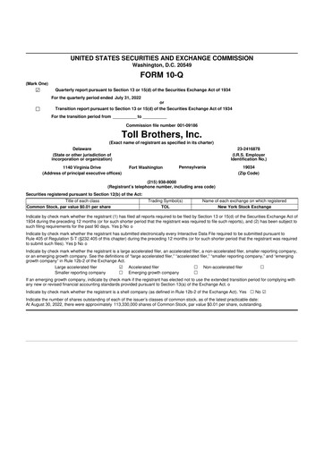 Thumbnail Toll Brothers
 10-Q Quarterly Report FY2022 