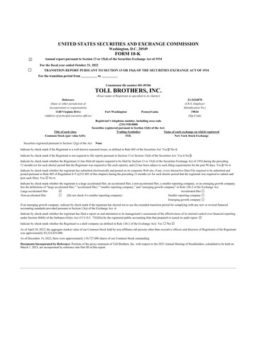 Thumbnail Toll Brothers
 10-K Annual Report 2022