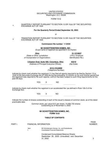 Thumbnail M/I Homes
 10-Q Quarterly Report FY 