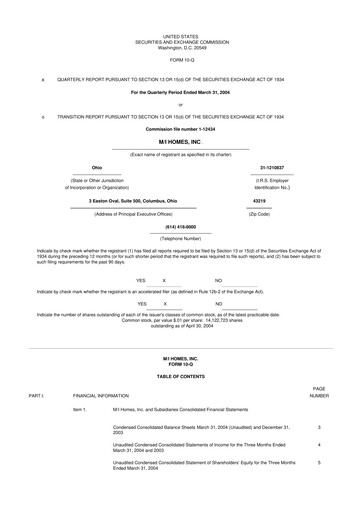 Thumbnail M/I Homes
 10-Q Quarterly Report FY 