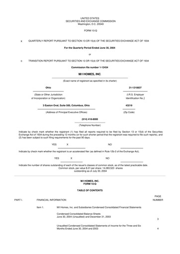 Thumbnail M/I Homes
 10-Q Quarterly Report FY 