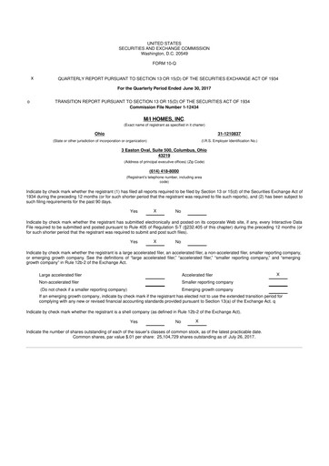 Thumbnail M/I Homes
 10-Q Quarterly Report FY 