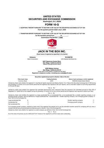 Thumbnail Jack in the Box
 10-Q Quarterly Report FY2020 