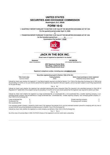 Thumbnail Jack in the Box
 10-Q Quarterly Report FY 