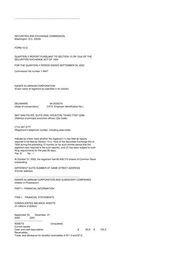 Thumbnail Kaiser Aluminum
 10-Q Quarterly Report FY 