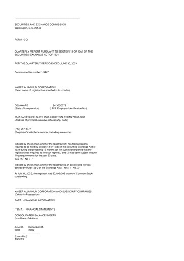 Thumbnail Kaiser Aluminum
 10-Q Quarterly Report FY 