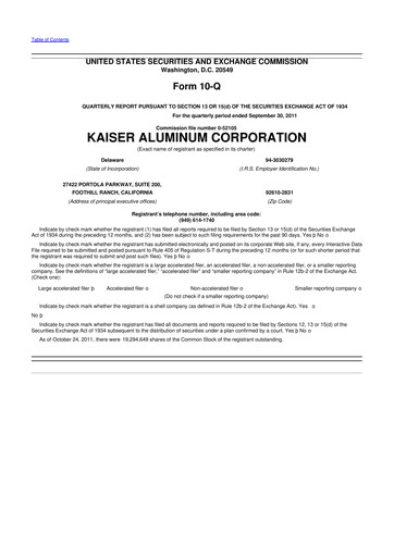 Thumbnail Kaiser Aluminum
 10-Q Quarterly Report FY2011 