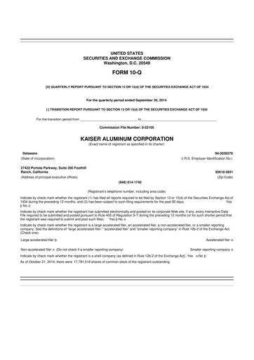 Thumbnail Kaiser Aluminum
 10-Q Quarterly Report FY2014 