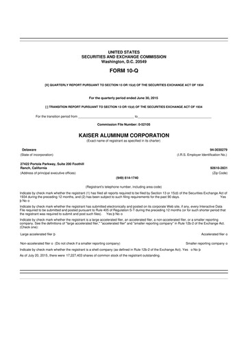 Thumbnail Kaiser Aluminum
 10-Q Quarterly Report FY2015 