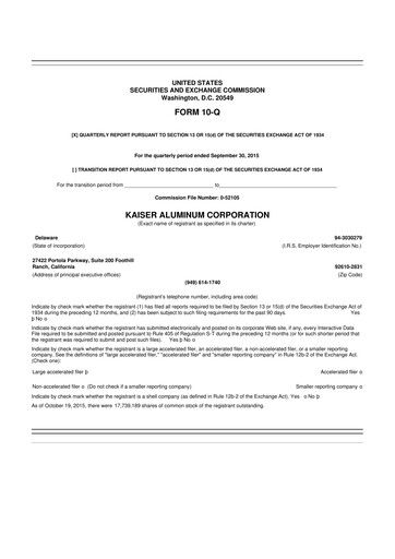 Thumbnail Kaiser Aluminum
 10-Q Quarterly Report FY2015 