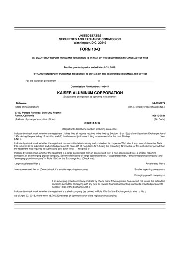 Thumbnail Kaiser Aluminum
 10-Q Quarterly Report FY2018 