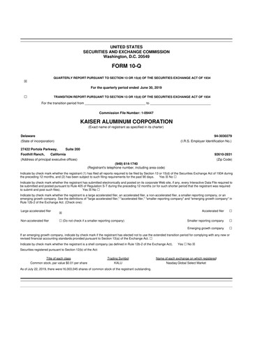Thumbnail Kaiser Aluminum
 10-Q Quarterly Report FY2019 