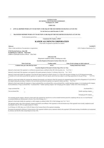 Thumbnail Kaiser Aluminum
 10-K Annual Report 2019