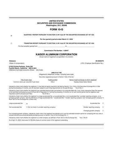 Thumbnail Kaiser Aluminum
 10-Q Quarterly Report FY2020 
