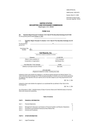 Thumbnail Vail Resorts
 10-Q Quarterly Report FY 