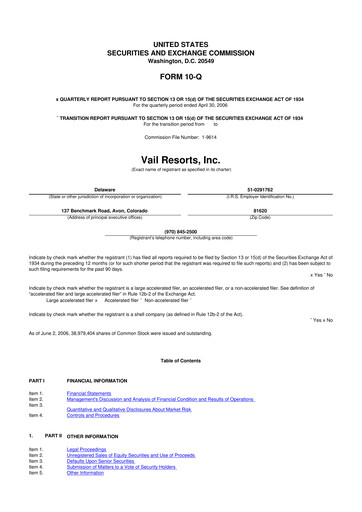 Thumbnail Vail Resorts
 10-Q Quarterly Report FY 