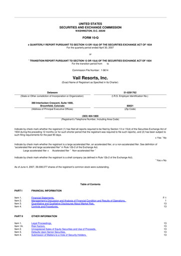 Thumbnail Vail Resorts
 10-Q Quarterly Report FY 