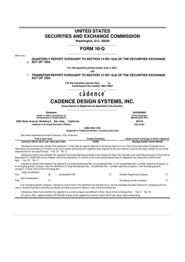 Thumbnail Cadence Design Systems 10-Q Quarterly Report FY2021 