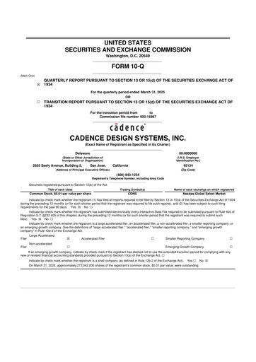 Thumbnail Cadence Design Systems 10-Q Quarterly Report FY2025 