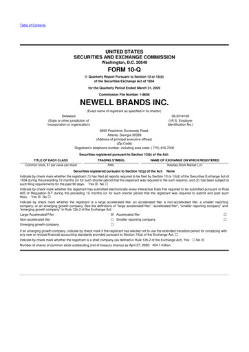Thumbnail Newell Brands
 10-Q Quarterly Report FY2020 