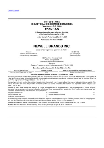 Thumbnail Newell Brands
 10-Q Quarterly Report FY2021 