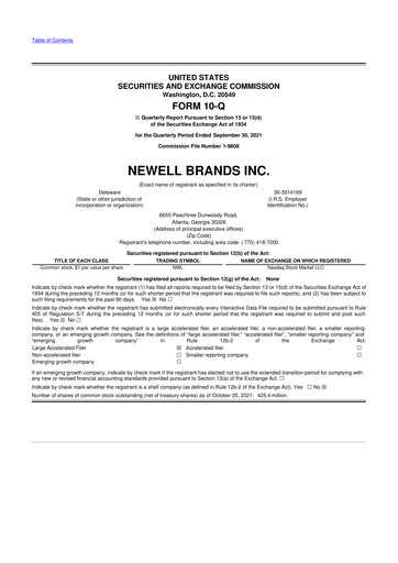 Thumbnail Newell Brands
 10-Q Quarterly Report FY2021 