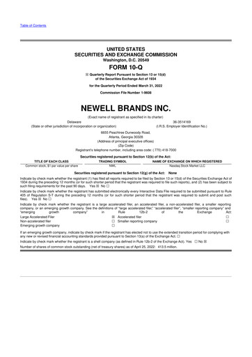 Thumbnail Newell Brands
 10-Q Quarterly Report FY2022 