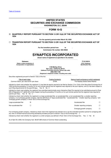 Thumbnail Synaptics 10-Q Quarterly Report FY 