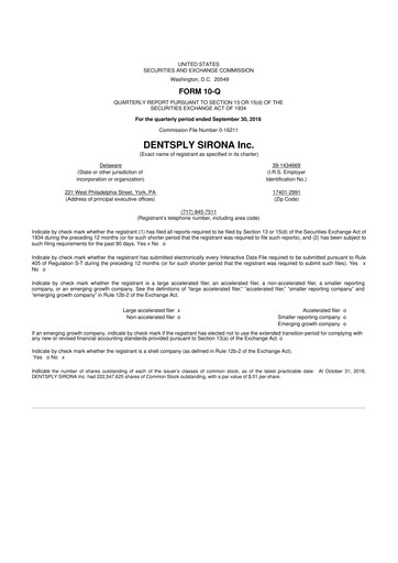 Thumbnail Dentsply Sirona
 10-Q Quarterly Report FY2018 