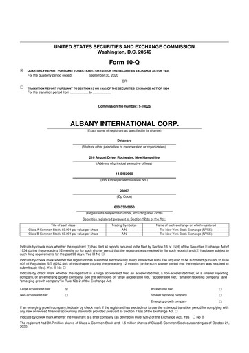 Thumbnail Albany International
 10-Q Quarterly Report FY2020 